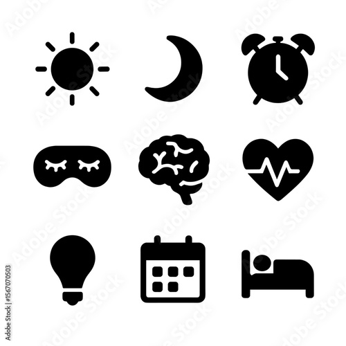 Circadian Rhythm Icons. Solid, filled icon set of circadian rhythm: sun, moon, alarm clock, sleep mask, brain, heartbeat, light