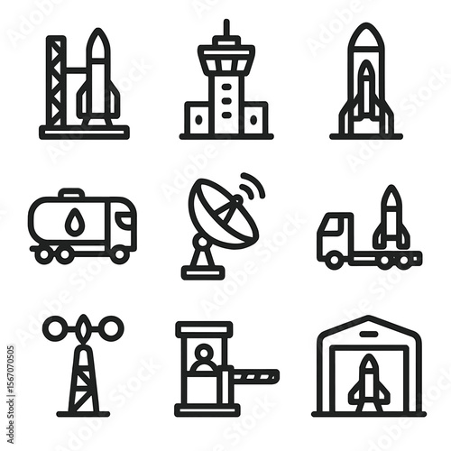 Cosmodrome Icons Grid. Solid, filled icon set of Cosmodrome infrastructure: launch pad, control tower, rocket silo, fuel tanker,
