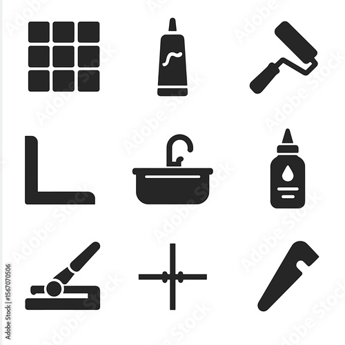 Kitchen Tiling Icons. Solid, filled icons set of kitchen backsplash tiling: mosaic tile, tile adhesive tube,
