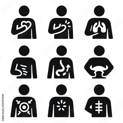 Chest Pain Icons. Solid, filled icon set of chest and upper body pain: heart attack, muscle strain, rib pain, lung inflammation,