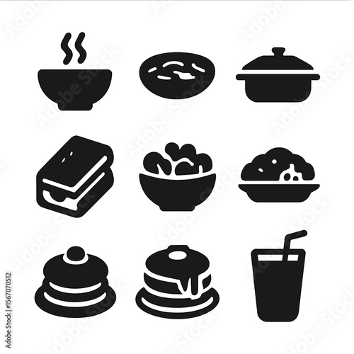 Cost-Effective Meal Icons. Solid, filled icon set of cost-effective meal types: soup bowl, stir fry, pasta plate, casserole dish,