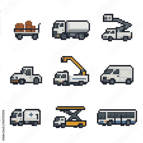 Airport Service Icons. Pixel art icon set of ground operations vehicles: baggage cart, fuel truck, catering truck, pushback