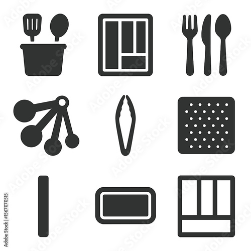 Kitchen Drawer Icons. Solid, filled icons set of kitchen drawer organization: utensil holder, tray with