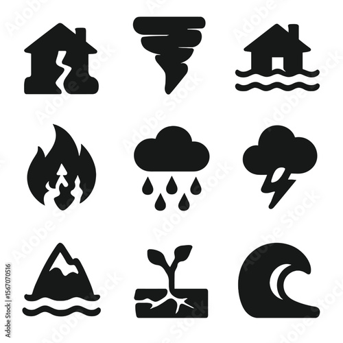 Earth Phenomena Icons. Solid, filled icon set of Earth phenomena: earthquake, tornado, flood, wildfire, rain, lightning, glacier,