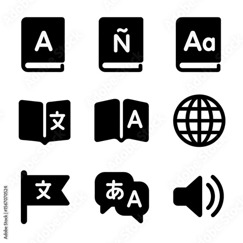 Multilingual Icon Grid. Solid, filled icon set of multilingual book sorting: English label, Spanish label, French label,