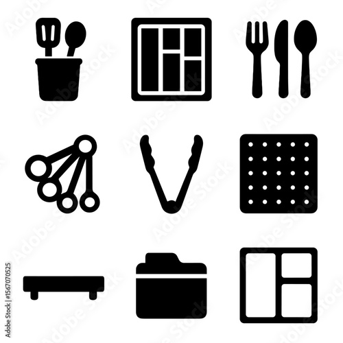Kitchen Drawer Icons. Solid, filled icons set of kitchen drawer organization: utensil holder, tray with