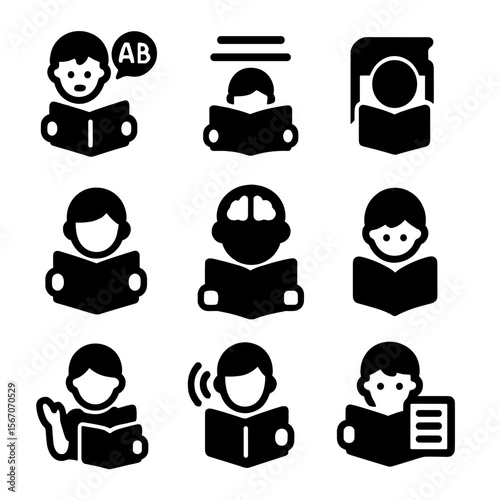 Child Reading Milestones. Solid, filled icon set of child reading milestones: first word, sentence reading, chapter book, fluency,