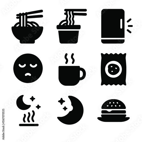 Late-Night Snack Icons. Solid, filled icons set of late-night food cravings: ramen bowl, instant noodles,