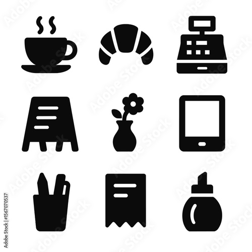 Countertop Icon Set. Solid, filled icon set of counter top elements: coffee cup, pastry, cash register, menu board, flower vase,