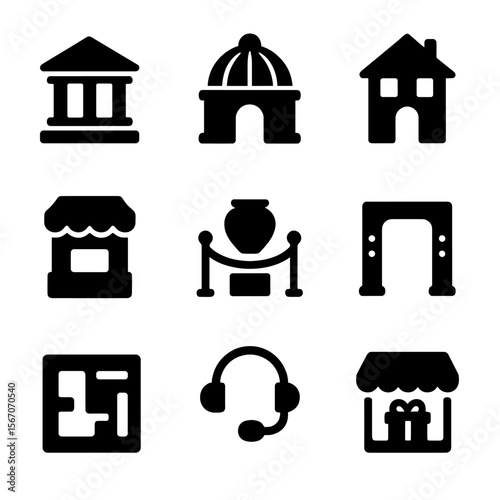 Museum Icons Set. Solid, filled icon set of museum buildings: classical facade, glass dome, heritage house, ticket booth, exhibit