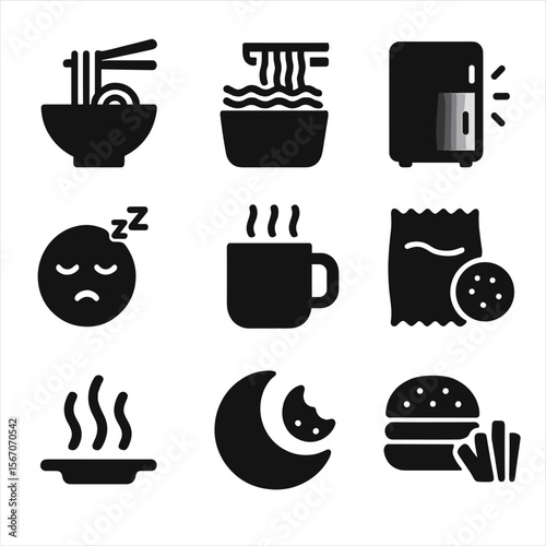 Late-Night Snack Icons. Solid, filled icons set of late-night food cravings: ramen bowl, instant noodles,