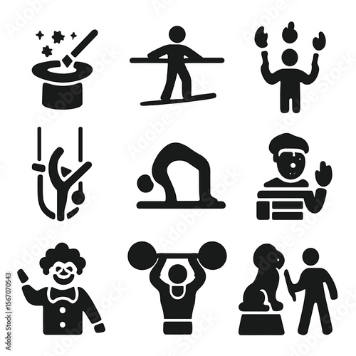 Circus Icon Set. Solid, filled icon set of circus performance acts: magic tricks, tightrope walking, fire juggling, aerial silks,