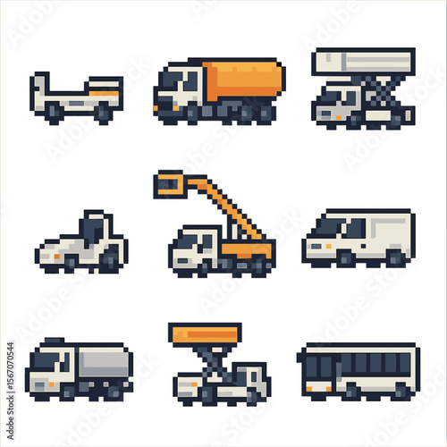 Airport Service Icons. Pixel art icon set of ground operations vehicles: baggage cart, fuel truck, catering truck, pushback