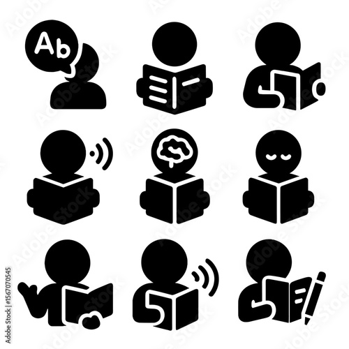 Child Reading Milestones. Solid, filled icon set of child reading milestones: first word, sentence reading, chapter book, fluency,