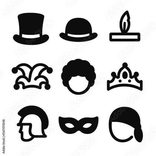 Circus Hat Icons. Solid, filled icon set of circus headwear: top hat, bowler hat, feathered headband, jester cap, clown wig, tiara