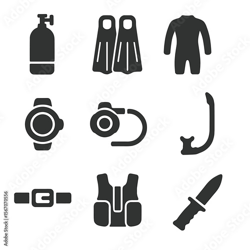 Diving Equipment Icons. Solid, filled icons set of diving equipment essentials: oxygen tank, flippers, wetsuit