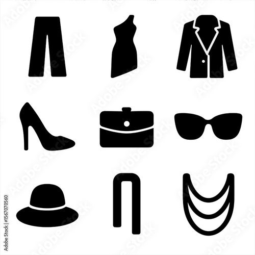 Chic Urban Icons. Solid, filled icon set of urban runway looks: wide-leg pants, asymmetrical dress, oversized blazer, high heels,