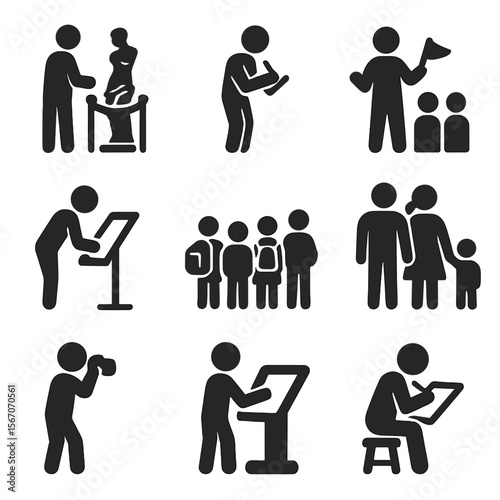 Museum Activity Icons. Solid, filled icon set of museum visitor activities: observing exhibit, taking notes, guided tour, reading