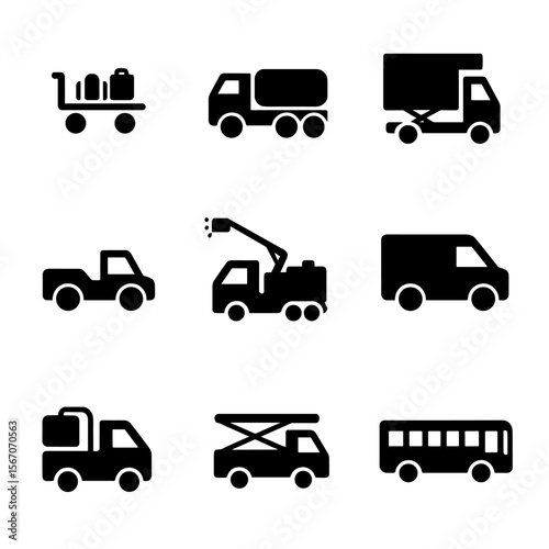 Airport Service Vehicles. Solid, Filled icon set of ground operations vehicles: baggage cart, fuel truck, catering truck, pushback