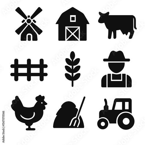 Countryside Icons Grid. Solid, filled icon set of countryside-filled scenes: windmill, barn, cow, tractor, fence, wheat, farmer,