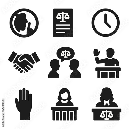 Courtroom Icons Set. Solid, filled icon set of courtroom decorum and procedure: silence sign, courtroom rules, timekeeping,