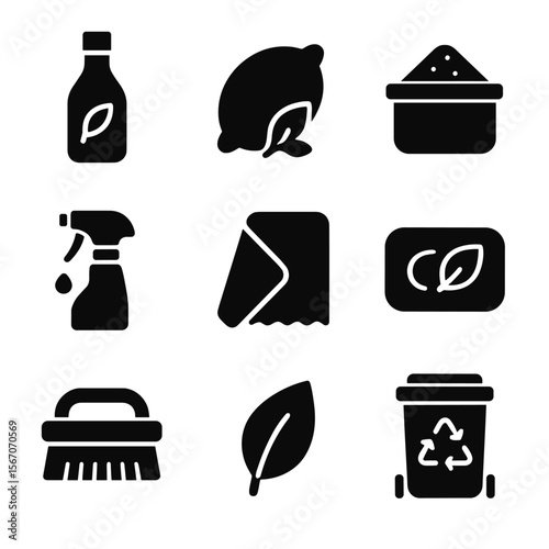 Eco Cleaner Icons. Solid, filled icon set of Environmental-friendly cleaners: vinegar bottle, lemon, baking soda, water spray,
