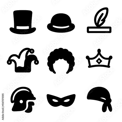 Circus Hat Icons. Solid, filled icon set of circus headwear: top hat, bowler hat, feathered headband, jester cap, clown wig, tiara