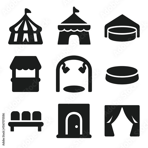 Circus Icons Grid. Solid, filled icon set of circus tents and stages: striped big top, side tent, ring stage, ticket booth,