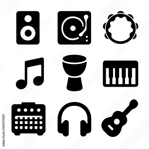 Music Icon Grid. Solid, filled icon set of music and sound elements: speaker, DJ turntable, tambourine, music notes, hand drum,