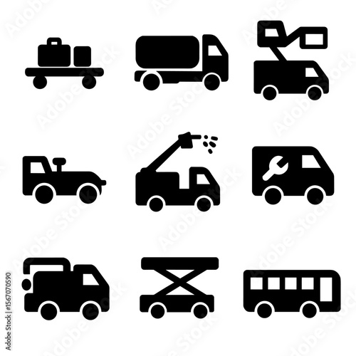 Airport Service Vehicles. Solid, Filled icon set of ground operations vehicles: baggage cart, fuel truck, catering truck, pushback