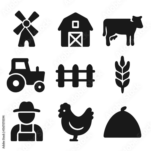 Countryside Icons Grid. Solid, filled icon set of countryside-filled scenes: windmill, barn, cow, tractor, fence, wheat, farmer,