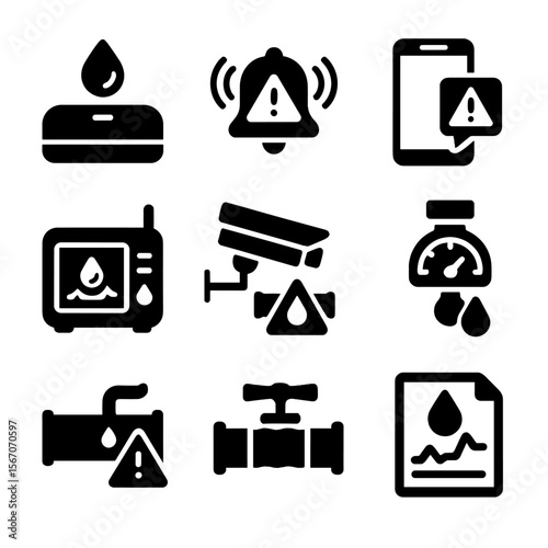 Leak Detection Icons. Solid, filled icons set of leak detection technology: sensor, wireless alert, smartphone