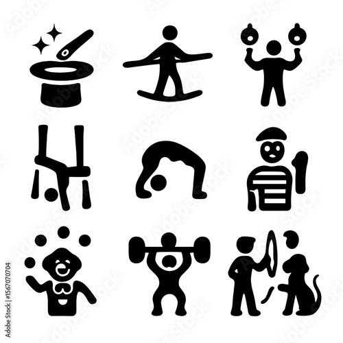Circus Icon Set. Solid, filled icon set of circus performance acts: magic tricks, tightrope walking, fire juggling, aerial silks,