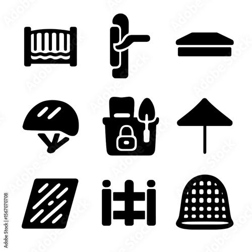Childproofing Icon Set. Solid, filled icon set of outdoor childproofing: pool fence, gate latch, sandbox cover, bike helmet,