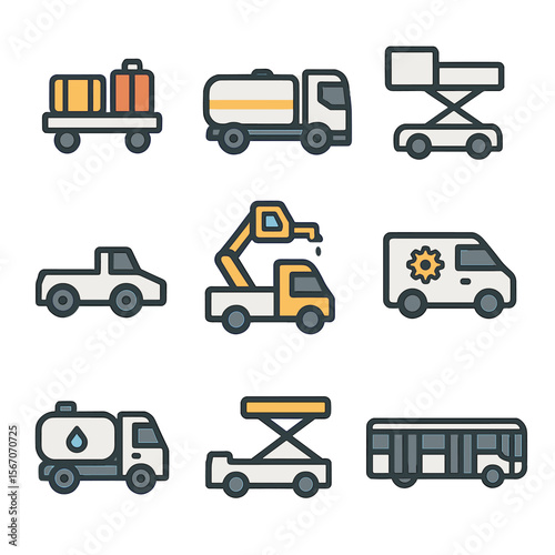 Airport Vehicle Icons. Flat icon set of ground operations vehicles: baggage cart, fuel truck, catering truck, pushback tractor, de