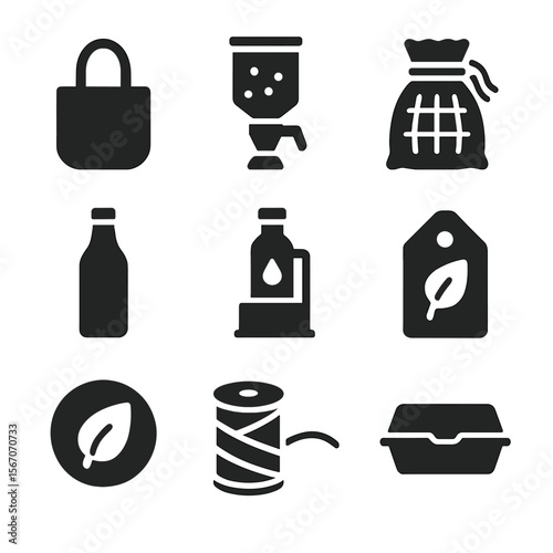 Eco-Friendly Shopping Icons. Solid, filled icon set of eco-friendly shopping tools: cotton shopping bag, bulk bin, reusable