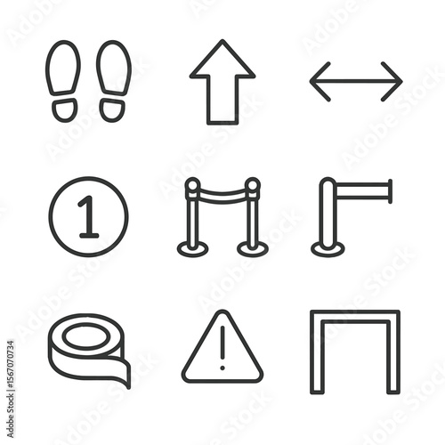 Queue Icon Set. Outline icon set of queue floor marking elements: footstep decals, directional arrows, distance markers, numbered