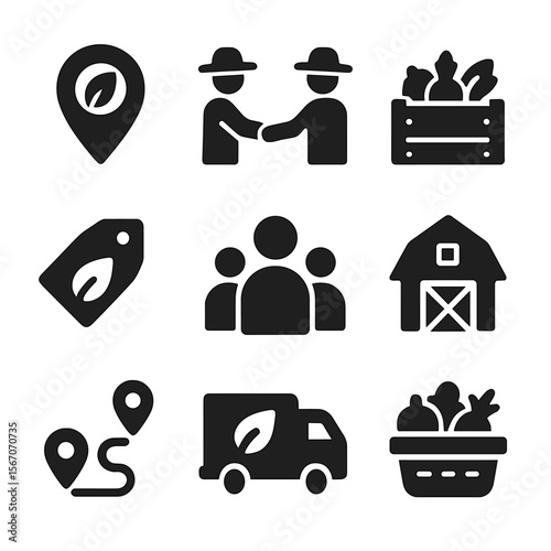 Local Food Icons. Solid, filled icons set of local food sourcing: map pin with leaf, farmer handshake,