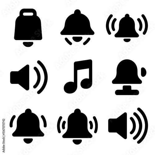 Cow Bell Icons. Solid, filled icon set of Cow bell and sound: cow bell, sound waves, ringing bell, vibration lines, audio speaker,