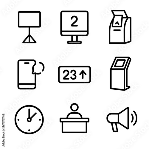 Queue Icons Set. Outline icon set of queue signage and information: signboard stand, digital display screen, ticket dispenser