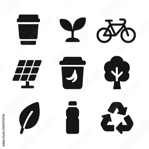 Eco-Friendly Icons Grid. Solid, filled icon set of eco-friendly coworking: reusable cup, plant, bicycle, solar panel, compost bin,