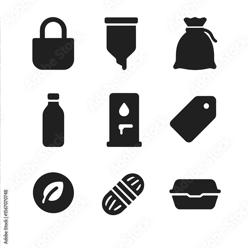 Eco-Friendly Shopping Icons. Solid, filled icon set of eco-friendly shopping tools: cotton shopping bag, bulk bin, reusable