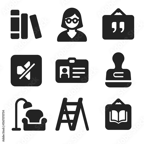 Library Icons Grid. Solid, filled icons set of library and reading culture: bookshelf, librarian icon, quote