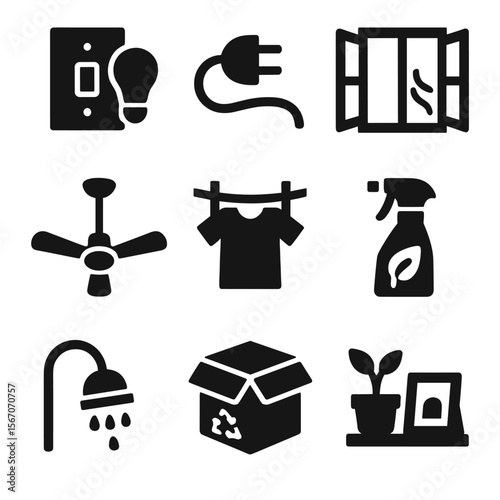 Eco-Friendly Home Icons. Solid, filled icon set of eco-friendly habits at home: turn off lights, unplug devices, open window, use