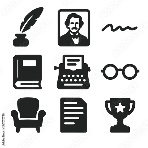 Literary Icons Grid. Solid, filled icons set of famous literary authors: feather quill, portrait icon,