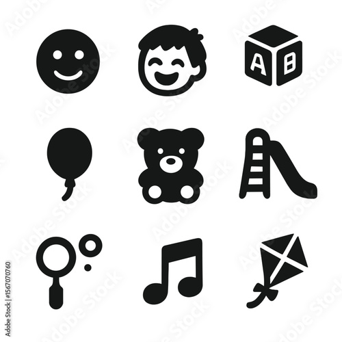 Childhood Laughter Icons. Solid, filled icon set of child’s laughter moments: smiling face, giggling child, toy block, balloon,