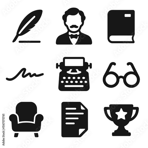 Literary Icons Grid. Solid, filled icons set of famous literary authors: feather quill, portrait icon,