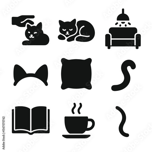 Cozy Cat Icons. Solid, filled icon set of affectionate cat interaction: petting hand, resting cat, couch seat, warm light, cat