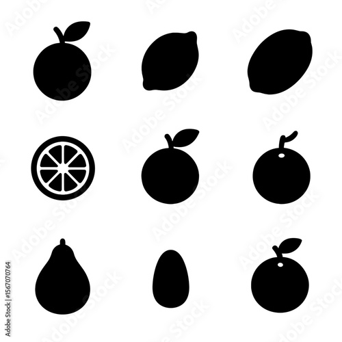 Citrus Icons Grid. Solid, filled icon set of citrus fruits: orange, lemon, lime, grapefruit, tangerine, clementine, pomelo,