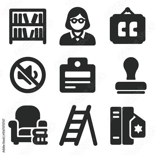 Library Icons Grid. Solid, filled icons set of library and reading culture: bookshelf, librarian icon, quote